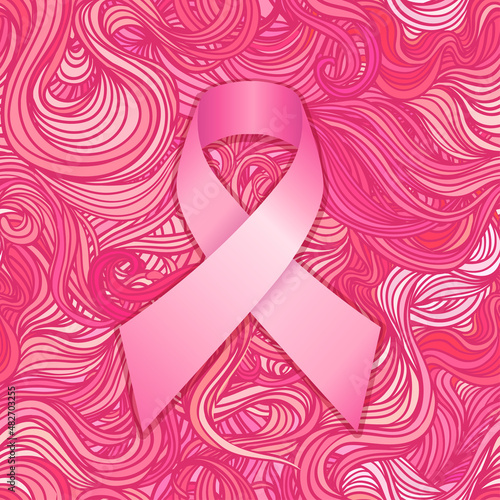 October: Breast Cancer Awareness Month, annual campaign to increase awareness of the disease. Woman with breast cancer awareness pink ribbon, vector illustration health, medicine, beauty concept