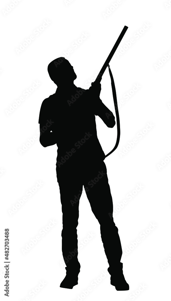 Aiming hunter man with shotgun rifle vector silhouette illustration isolated on white background. Outdoor hobby birds hunting. Soldier with rifle on duty. Man shooter defends property. Military skills