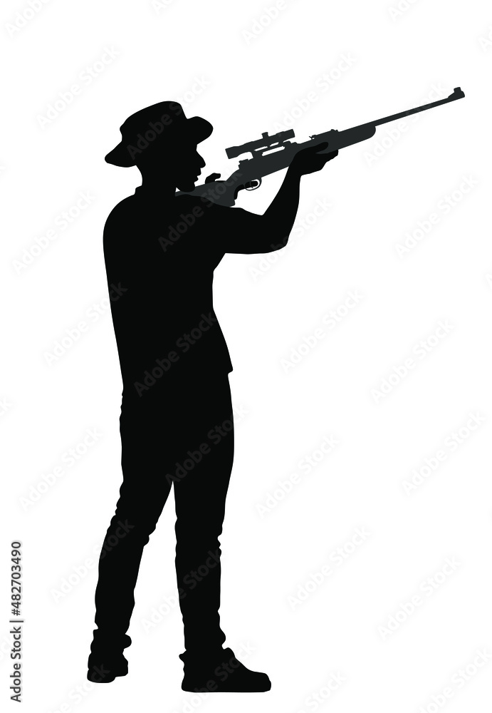 Aiming hunter man with sniper rifle vector silhouette illustration isolated on white background. Outdoor hobby hunting. Soldier with hat and rifle on duty. Man shooter defends property. Military skill Aiming hunter man with sniper rifle vector silhouette illustration isolated on white background. Outdoor hobby hunting. Soldier with hat and rifle on duty. Man shooter defends property. Military skill