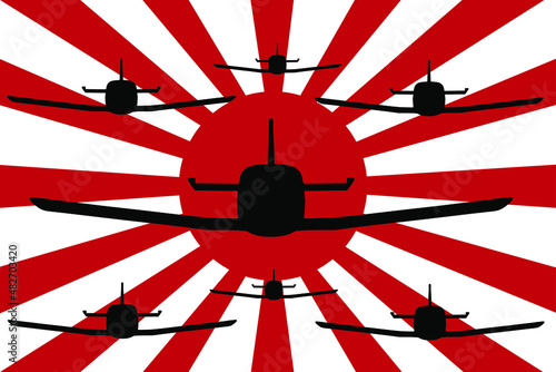 Kamikaze plane Zero in formation silhouette. Squadron aircraft in battle over Imperial Japanese army flag vector illustration. Rising Sun symbol. WW2, Second World War on Pacific history memories.