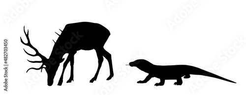 Komodo dragon hunting deer male vector silhouette illustration isolated. Huge antlers buck. Biggest lizard ambush attacks red deer grazing grass. Reindeer prey for Komodo monitor. Varanus komodoensis.