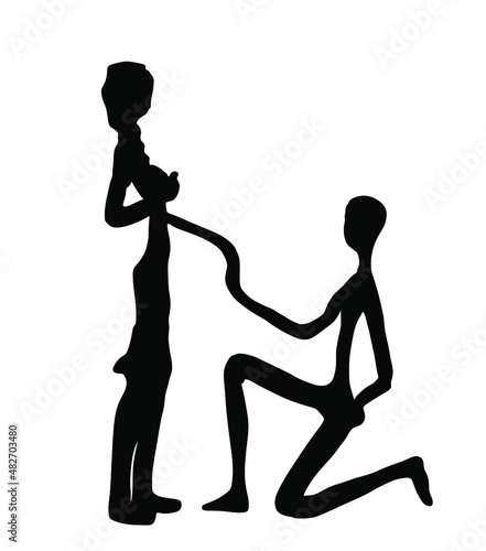 Man kneels proposing ring to woman vector silhouette illustration isolated on white background. Romantic marriage proposal symbol. Love concept wedding propose girls hand. Kneeling boyfriend surprise.