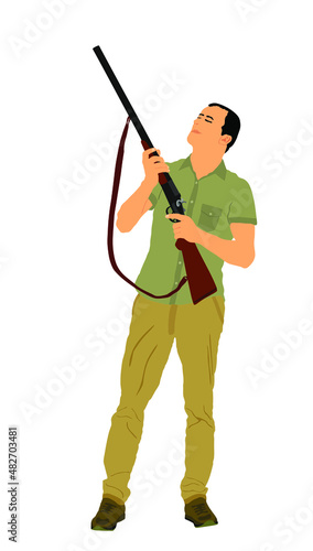 Aiming hunter man with shotgun rifle vector illustration isolated on white background. Outdoor hobby birds hunting. Soldier with rifle on duty. Man shooter defends property. Military outdoor skills.