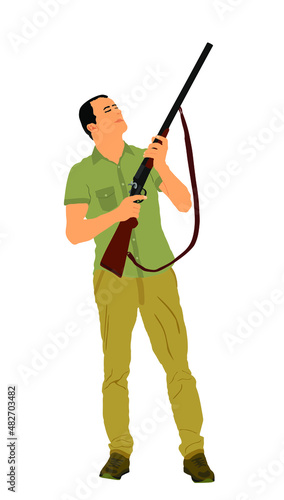 Aiming hunter man with shotgun rifle vector illustration isolated on white background. Outdoor hobby birds hunting. Soldier with rifle on duty. Man shooter defends property. Military outdoor skills.