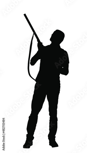 Aiming hunter man with shotgun rifle vector silhouette illustration isolated on white background. Outdoor hobby birds hunting. Soldier with rifle on duty. Man shooter defends property. Military skills