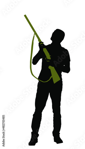 Aiming hunter man with shotgun rifle vector silhouette illustration isolated on white background. Outdoor hobby birds hunting. Soldier with rifle on duty. Man shooter defends property. Military skills