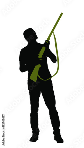 Aiming hunter man with shotgun rifle vector silhouette illustration isolated on white background. Outdoor hobby birds hunting. Soldier with rifle on duty. Man shooter defends property. Military skills