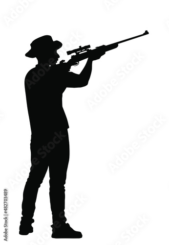 Aiming hunter man with sniper rifle vector silhouette illustration isolated on white background. Outdoor hobby hunting. Soldier with hat and rifle on duty. Man shooter defends property. Military skill