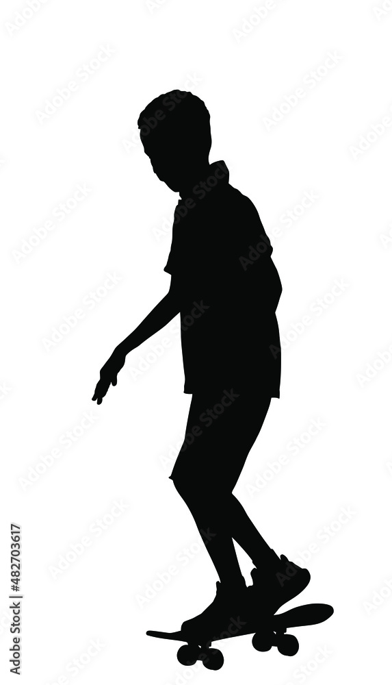 Boy ride skateboard vector silhouette illustration isolated on white background. Child play with favorite toy, outdoor summer activity. Skate board urban transportation. Boy ride skateboard vector silhouette illustration isolated on white background. Child play with favorite toy, outdoor summer activity. Skate board urban transportation.