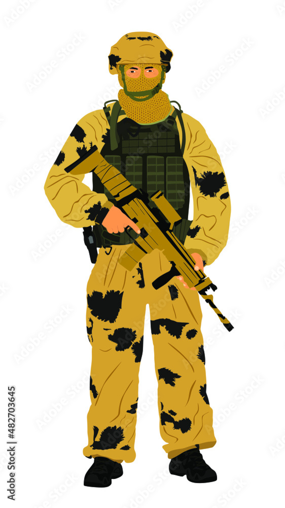 Sand desert camouflage army soldier with sniper rifle, helmet, full equipment on duty vector illustration. Soldier keeps the watch on guard. Ranger on border. Commandos saluting. Special unit member Sand desert camouflage army soldier with sniper rifle, helmet, full equipment on duty vector illustration. Soldier keeps the watch on guard. Ranger on border. Commandos saluting. Special unit member