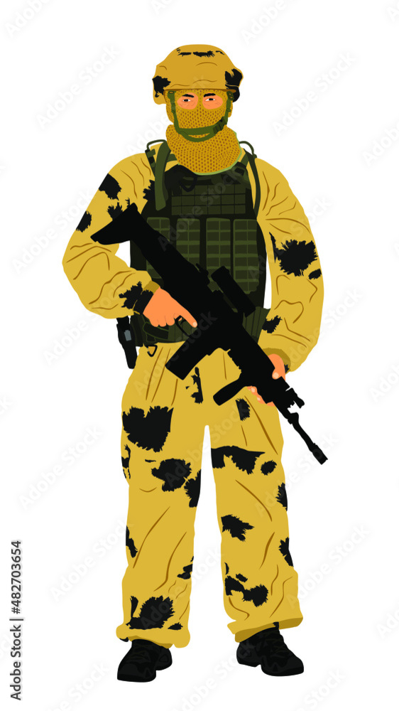 Sand desert camouflage army soldier with sniper rifle, helmet, full equipment on duty vector illustration. Soldier keeps the watch on guard. Ranger on border. Commandos saluting. Special unit member Sand desert camouflage army soldier with sniper rifle, helmet, full equipment on duty vector illustration. Soldier keeps the watch on guard. Ranger on border. Commandos saluting. Special unit member