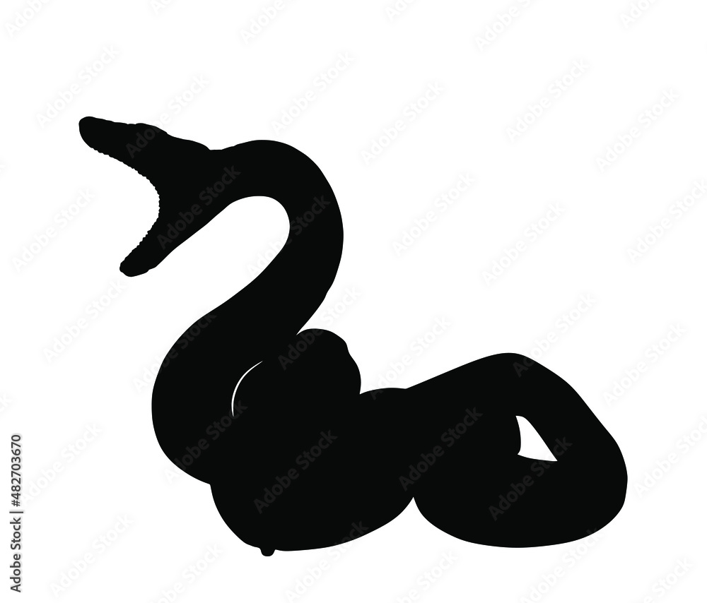 Curl snake attack prey vector silhouette illustration isolated on white background. Black serpent tattoo. Poison snake shape shadow. Deadly venom predator, symbol of medicine or pharmacy. Danger treat Curl snake attack prey vector silhouette illustration isolated on white background. Black serpent tattoo. Poison snake shape shadow. Deadly venom predator, symbol of medicine or pharmacy. Danger treat