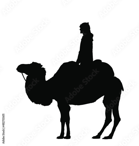 Arabian man sheikh siting and riding camel vector silhouette illustration isolated on white background. Arab sheikh in traditional clothes illustration. 