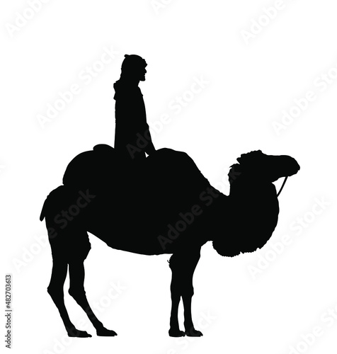 Arabian man sheikh siting and riding camel vector silhouette illustration isolated on white background. Arab sheikh in traditional clothes illustration. 