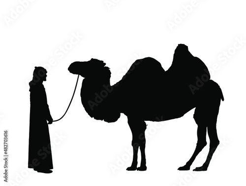 Arabian man sheikh standing after riding camel vector silhouette illustration isolated on white background. Arab sheikh in traditional clothes illustration.  photo