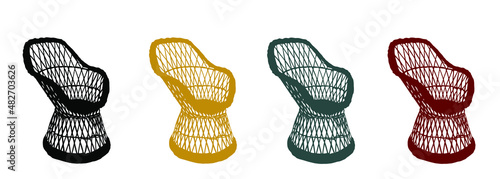 Wooden wicker chair vector silhouette illustration isolated on white background. Backyard outdoor furniture. Summer relaxation and rest on beach resort object.