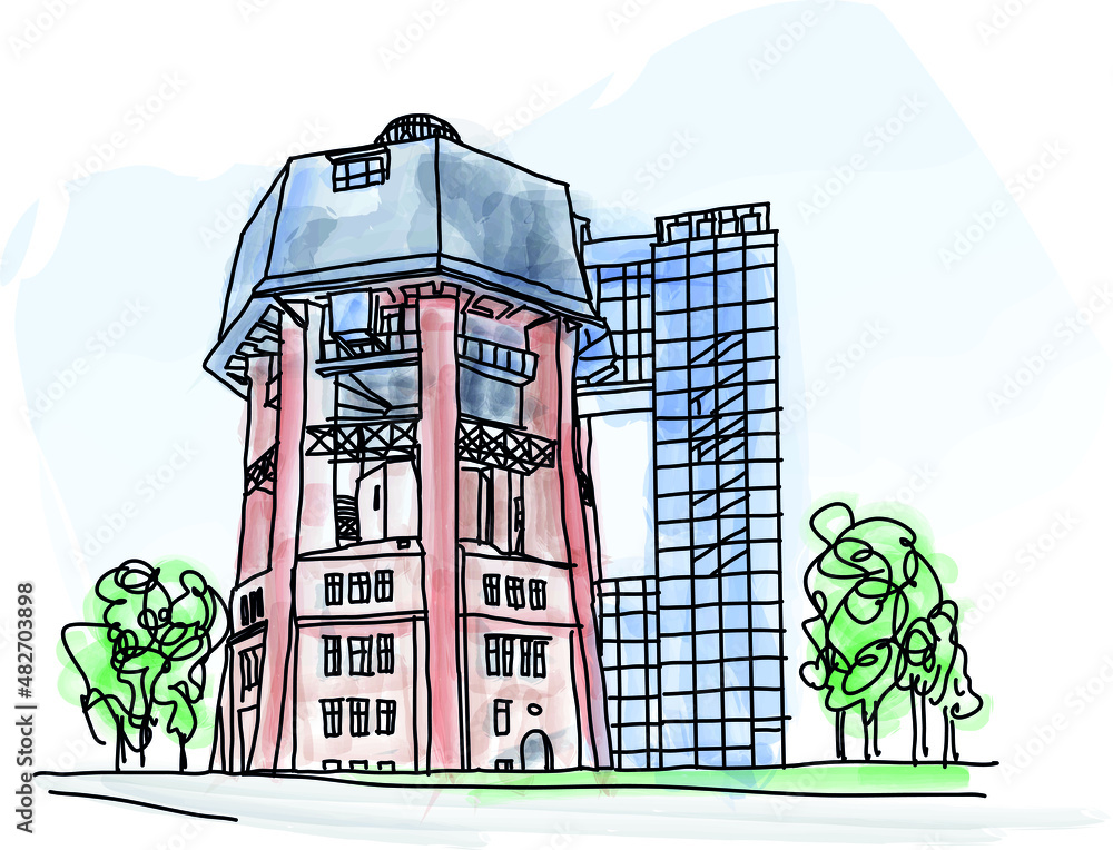 Pressure tower of Zabrze, Silesia, Poland. Watercolor , vector illustration