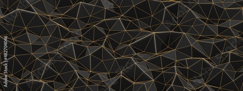 3d render, abstract black quartz crystal shaped wax plastic background, macro panorama, wide panoramic polygonal wallpaper