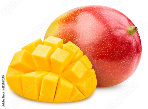 Mango with mango half isolated on white background. Mango with clipping path