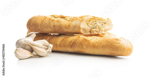 Roasted baguette with garlic butter. Crunchy sliced garlic bread.