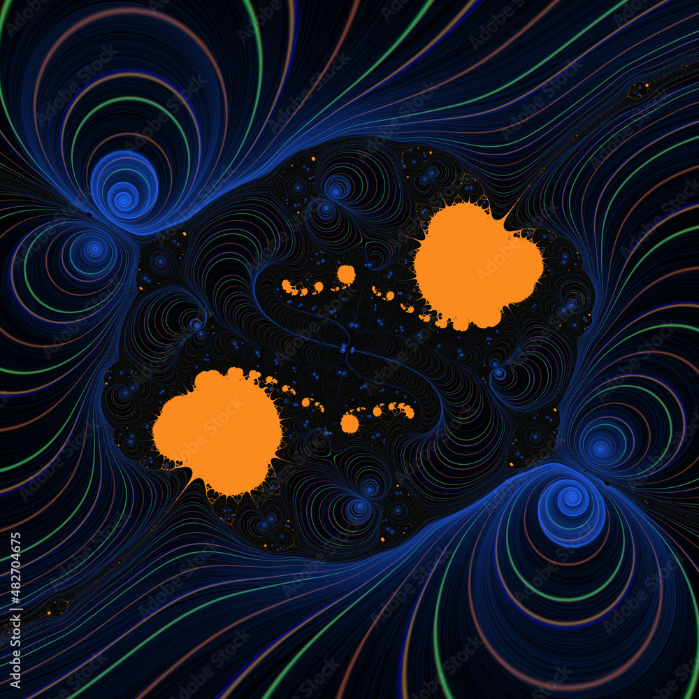 Blue yellow shapes, fractal, abstract background with circles