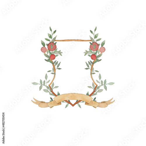 Watercolor emblem frame. Fantasy clipart with coat of arm, tree branches and ribbon.