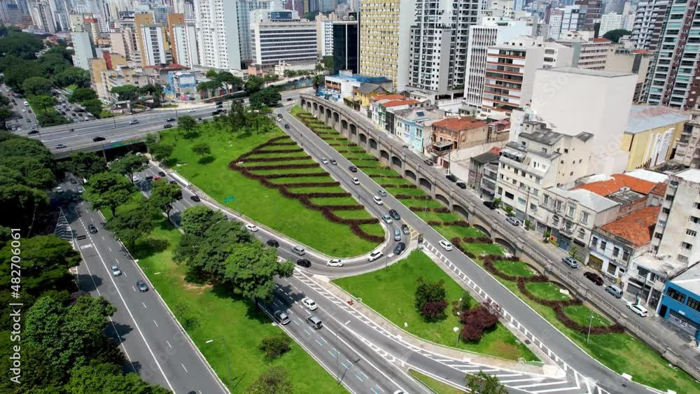 Panoramic aerial view of famous crossing between East Radial highway road and May 23 avenue at downtown Sao Paulo. East west connection of regions of city. Transportation scenery. Panoramic aerial view of famous crossing between East Radial highway road and May 23 avenue at downtown Sao Paulo. East west connection of regions of city. Transportation scenery.