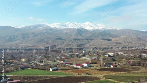 drone view of village and mountain