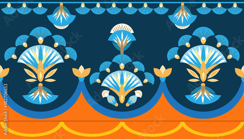 Seamless pattern vector illustration of the Egyptian ancient ornament with a lotus flower, leaves, papyrus, palm tree. Egyptian culture element For wallpaper, wrapping, paper, fabric, background