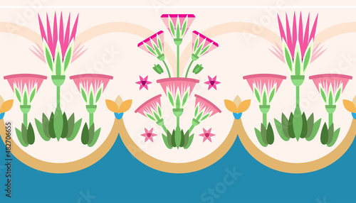 Seamless pattern vector illustration of the Egyptian ancient ornament with a lotus flower, leaves, papyrus, palm tree. Egyptian culture element For wallpaper, wrapping, paper, fabric, background