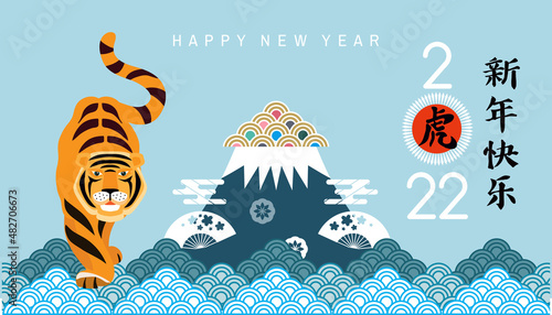Happy japanese new 2022 year, year of the Tiger. Japanese characters translation: " Tiger " Template banner, poster in oriental style.Red and gold. Vector flat illustration.
