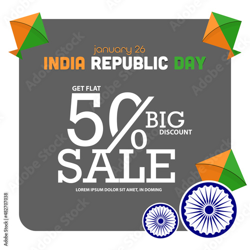 Happy Republic Day of India sale banner. 50% off on Shopping.