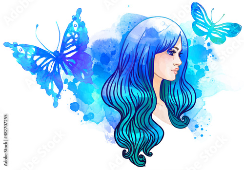 Amazing watercolor background with pretty girl and butterfly. Vector art isol...