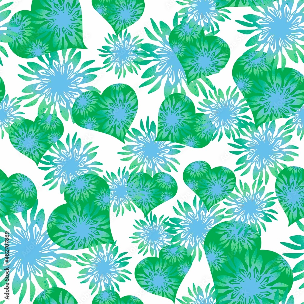 Seamless pattern of hearts. Green hearts on a white background.