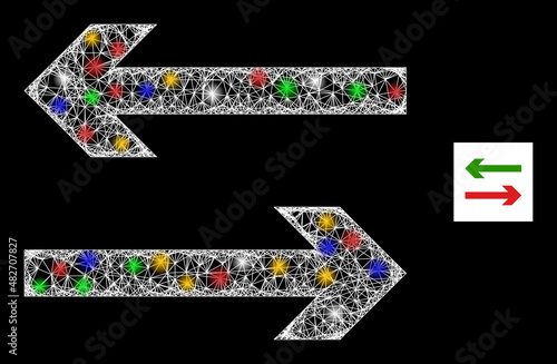 Glowing network exchange arrows with colored light dots. Illuminated vector mesh created from exchange arrows pictogram. Sparkle carcass mesh exchange arrows, on a black backgound.