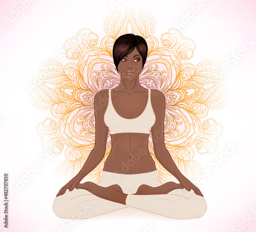 Beautiful African American Girl sitting in Lotus pose with ornate mandala on background. Vector illustration. Spa consent, yoga studio, or natural medicine clinic.