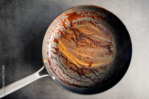 Dirty Nonstick Skillet Used to Make a Balsamic Reduction: An unwashed frying pan covered in a sticky glaze photo