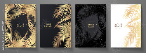 Tropical cover, frame design set with abstract palm leaf pattern (palm tree leaves). Premium gold, black vector background useful for brochure template, exotic restaurant menu, invitation