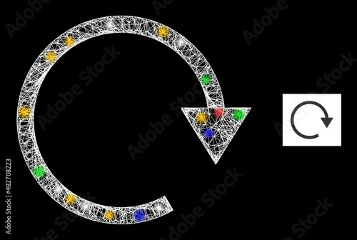 Flare net mesh rotate right with vibrant bright dots. Illuminated vector mesh created from rotate right symbol. Sparkle frame mesh rotate right, on a black backgound.