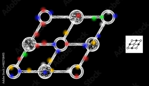 Shiny hatched mesh inclined grid with colored lightspots. Illuminated vector carcass created from inclined grid symbol. Sparkle carcass polygonal inclined grid, on a black backgound.