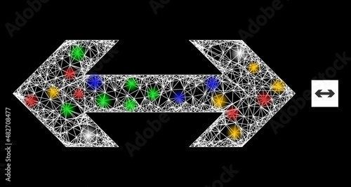 Glowing crossing mesh exchange arrow with colored glowing spots. Illuminated vector mesh created from exchange arrow pictogram. Sparkle carcass polygonal exchange arrow, on a black backgound.
