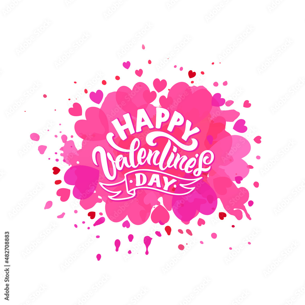 Happy Valentine's Day handwritten text on abstract watercolor background. Colorful vector illustration. Modern brush ink calligraphy and red hearts. Hand lettering for postcard, logo, poster, print