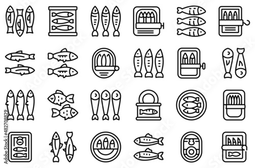 Sardine icons set outline vector. Can fish. Oil fish snack