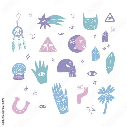 Pastel colored esoteric, magical, witching, lucky charms design elements collection. Hand-drawn vector elements set.