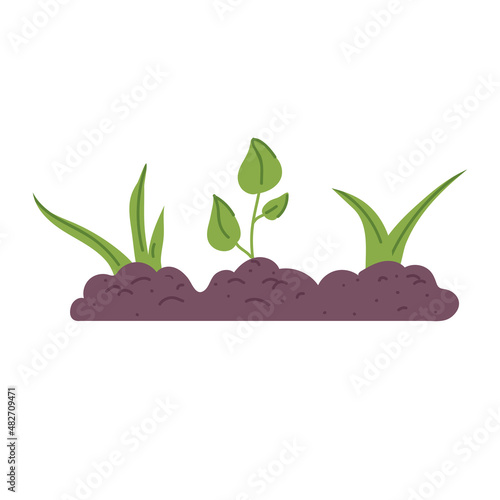 Sprout. Young green sprouts on hill of earth A small plant is breaking out of the ground. hand-drawn sketch. Vector illustration isolated on white.