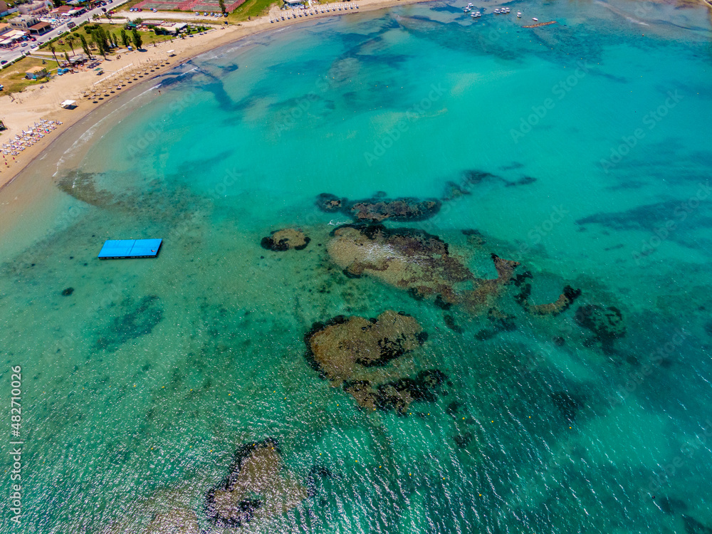 Aerial droen view of reef in corfu island greece