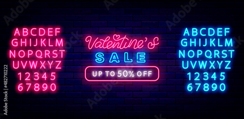 Valentines Sale neon sign in heart shape. Light advertising with alphabet. Vector stock illustration