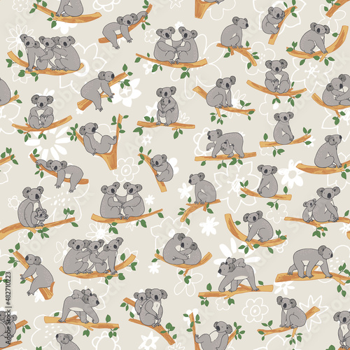 Fototapeta Naklejka Na Ścianę i Meble -  Koala animal with branches and floral background vector seamless pattern