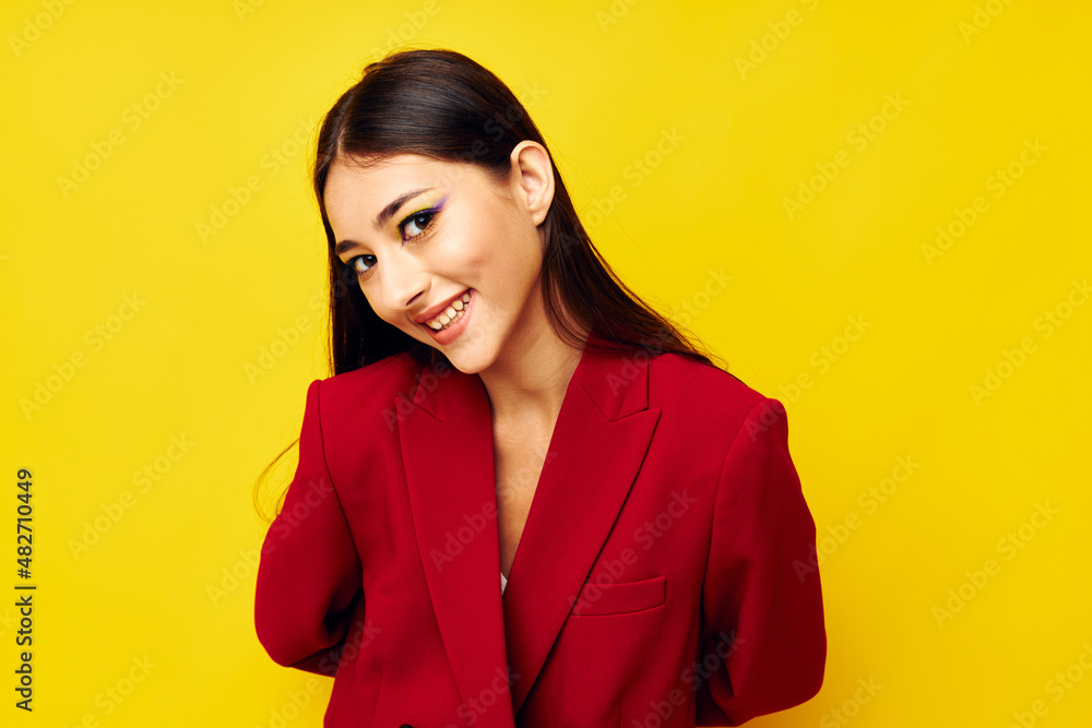 portrait pretty woman attractive look cosmetics red jacket studio model unaltered portrait pretty woman attractive look cosmetics red jacket studio model unaltered