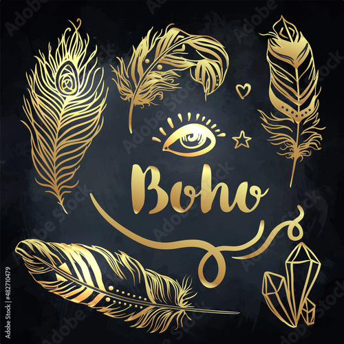 Gypsy Love: Set of Ornamental Boho Style Elements. Vector illustration. Tatto...